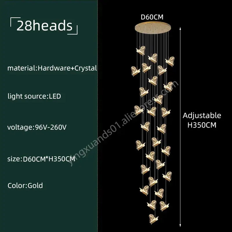 Modern luxury gold decorbites crystal chandelier with 28 butterfly-shaped light fixtures for living room decor