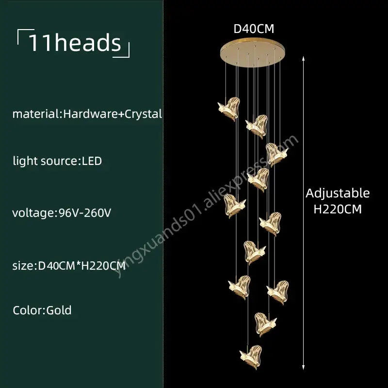 Gold-colored 11-head decorbites crystal chandelier with bird-shaped fixtures for modern luxury living room decor