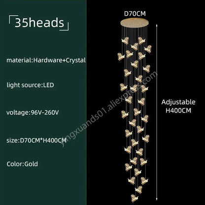 Modern luxury gold decorbites crystal chandelier with 35 butterfly-shaped crystal heads for living room decor