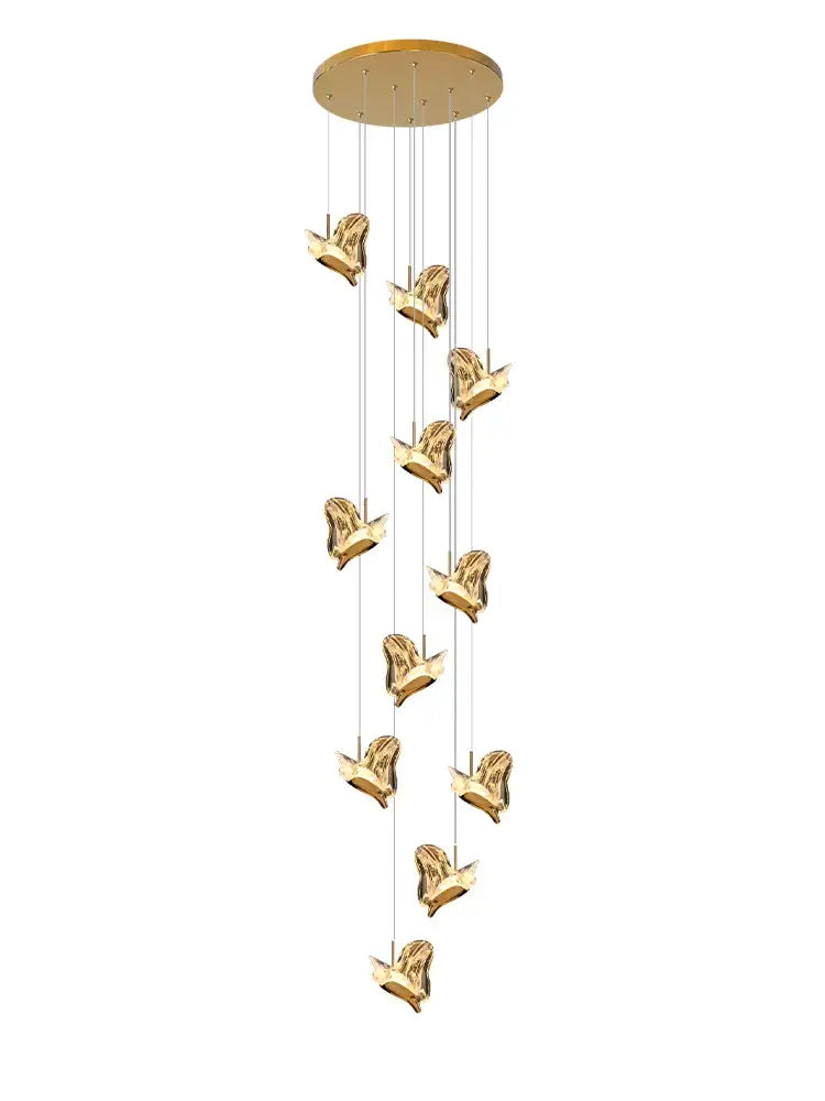 Golden bird-shaped decorbites crystal chandelier with sleek metallic finish and elegant cascading design for living room