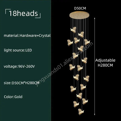 Modern luxury butterfly gold decorbites crystal chandelier with 18 bird-shaped crystal pendants for living room decor