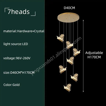 Modern luxury gold decorbites crystal chandelier with seven heads and bird-shaped crystal pendants for living room