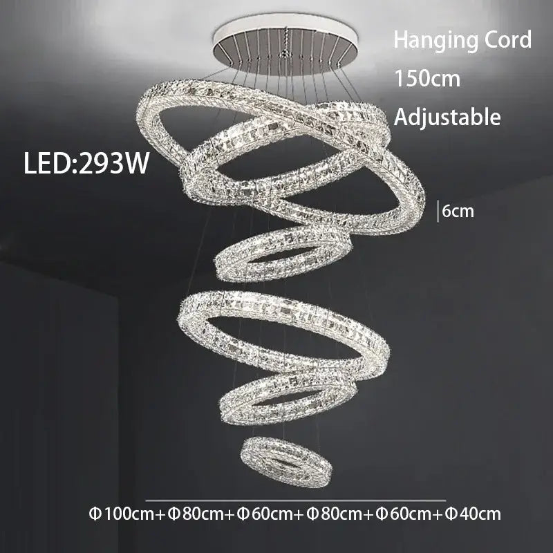 A modern luxury chrome decorbites crystal led chandelier with multiple crystal-encrusted rings and adjustable cord