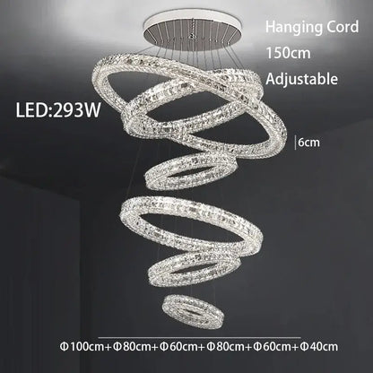 A modern luxury chrome decorbites crystal led chandelier with multiple crystal-encrusted rings and adjustable cord