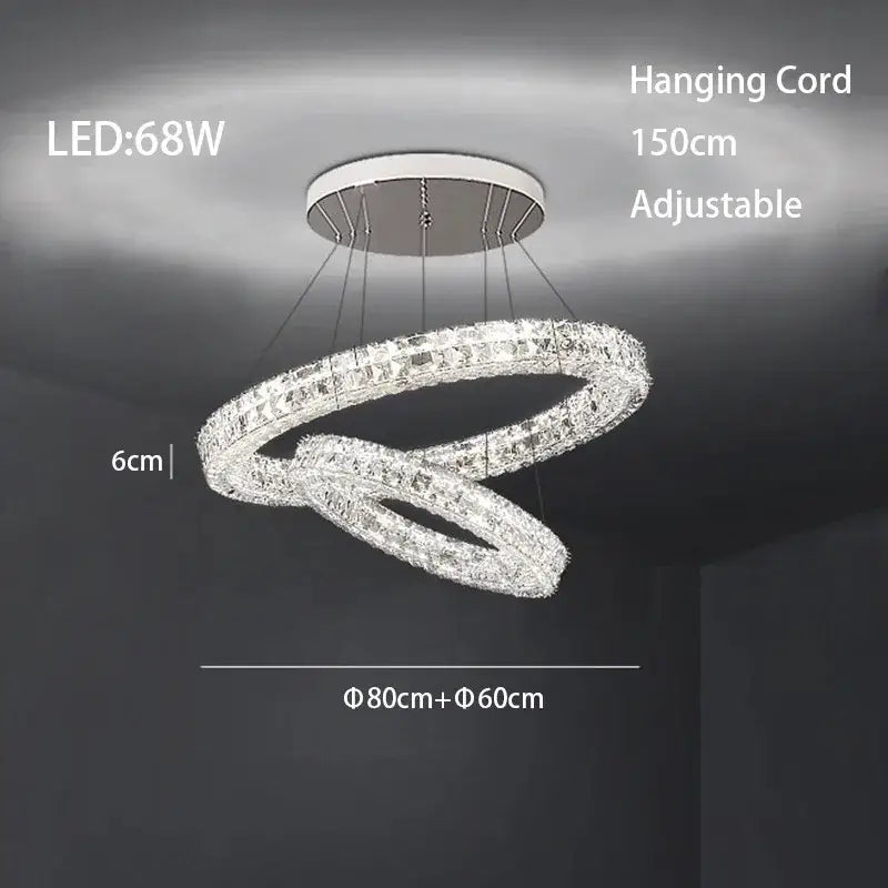 A modern luxury chrome decorbites crystal led chandelier with double rings and clear crystal accents for dining room