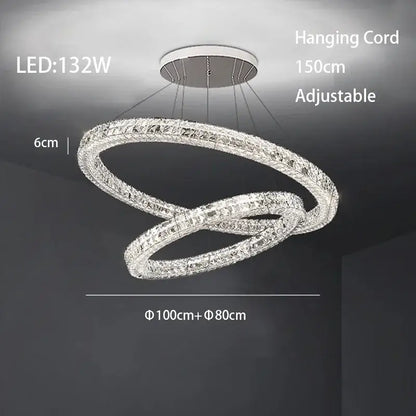 A modern luxury chrome decorbites crystal led chandelier with double rings and clear crystal accents for dining rooms