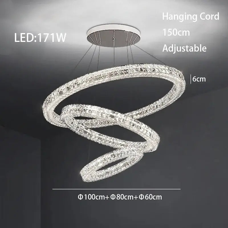 Modern luxury chrome decorbites crystal led chandelier with three interlocking crystal rings for dining room use