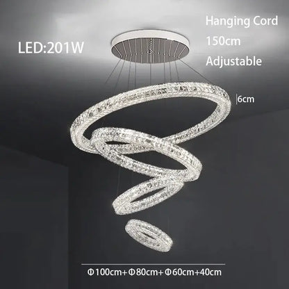 A modern luxury decorbites crystal led chandelier with interlocking crystal rings and chrome finish for dining room