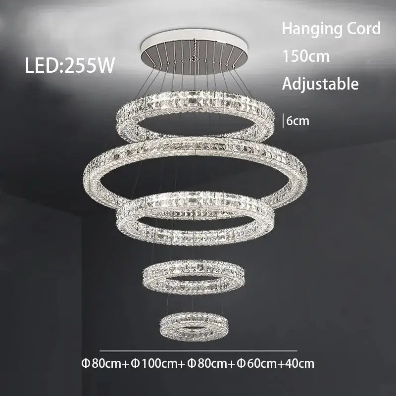 A modern luxury chrome decorbites crystal led chandelier with five concentric rings and 150cm adjustable cord