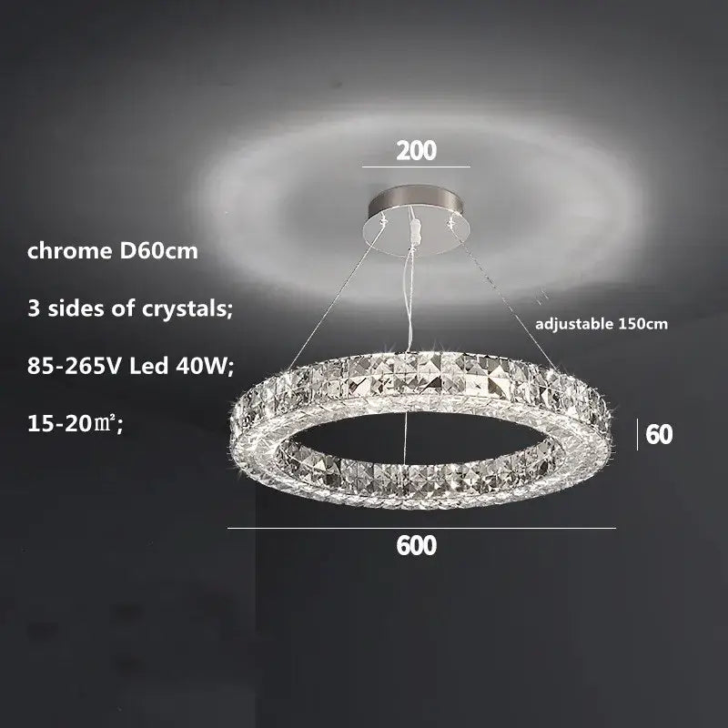 Modern luxury chrome decorbites crystal led chandelier with three-sided clear crystals 60cm diameter 150cm adjustable length