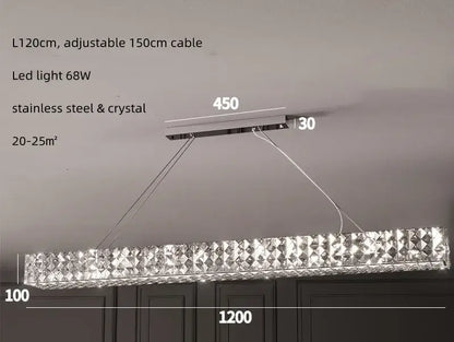 A modern luxury rectangular decorbites crystal led chandelier with a chrome frame and sparkling crystal accents for dining room