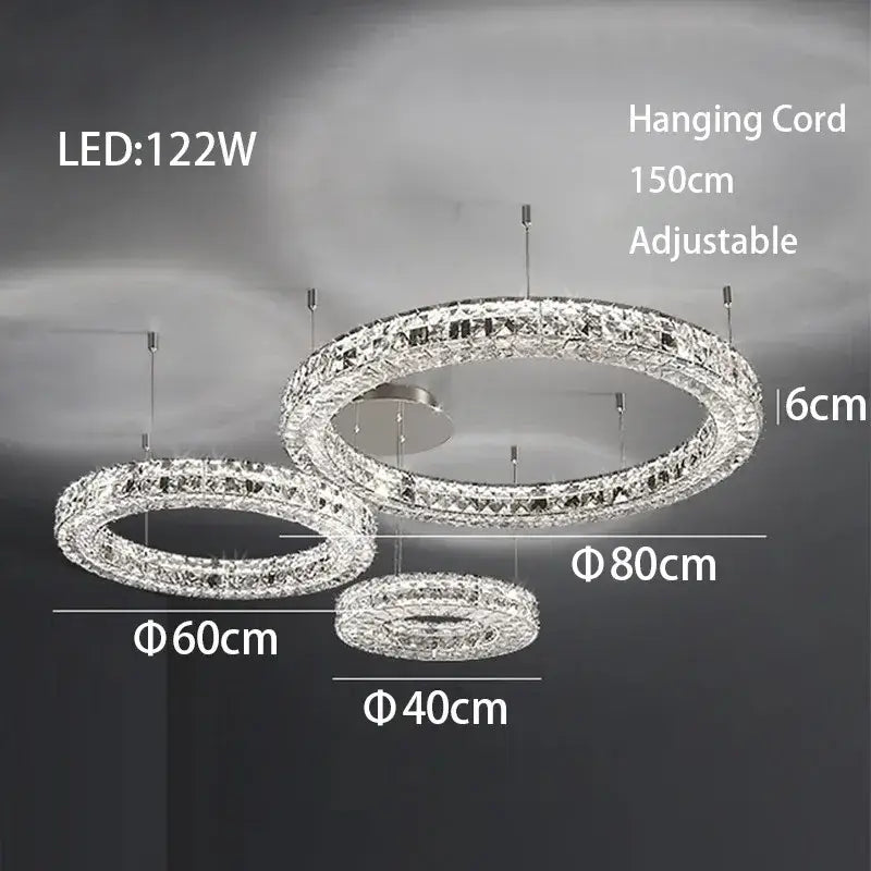 Modern luxury chrome decorbites crystal led chandelier with three concentric crystal rings in silver finish for dining room