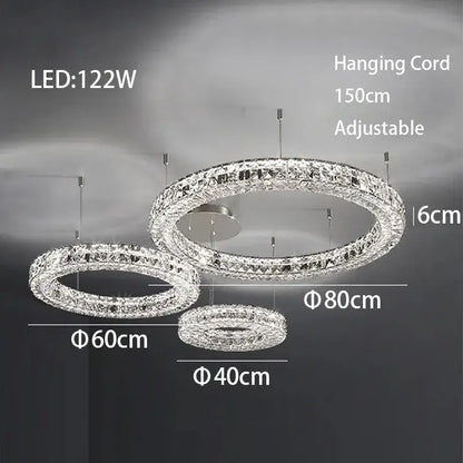Modern luxury chrome decorbites crystal led chandelier with three concentric crystal rings in silver finish for dining room