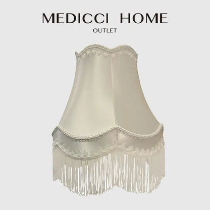 Cream fringed cloth lampshade by decorbites in cream satin with lace trim and scalloped top edge for bedroom decor