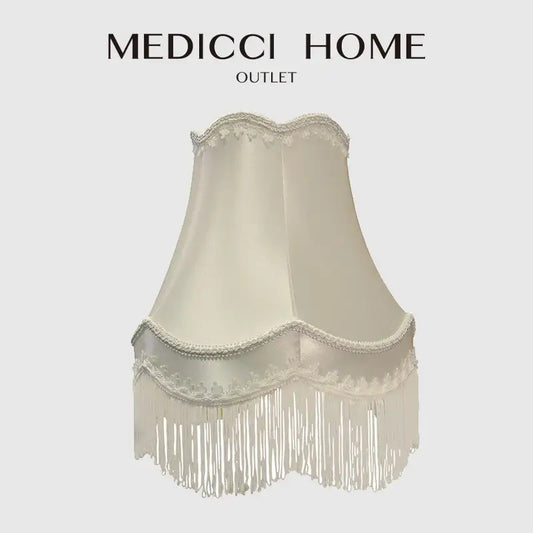 Cream fringed cloth lampshade by decorbites in cream satin with lace trim and scalloped top edge for bedroom decor