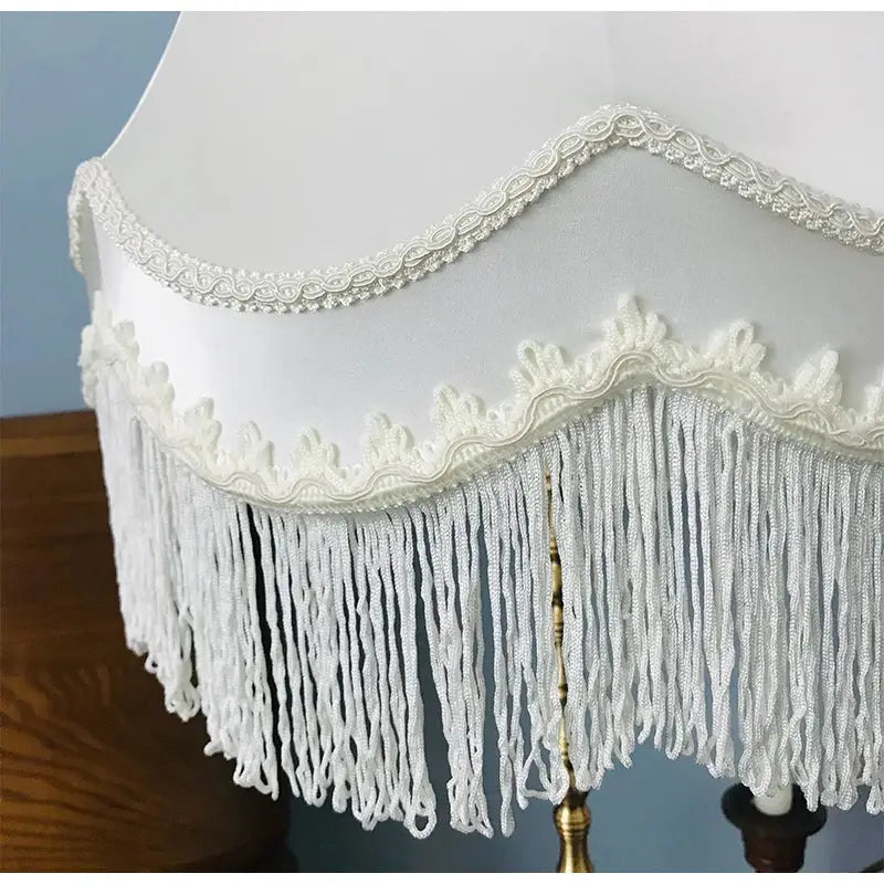 Elegant modern luxury cream fringed cloth lampshade with intricate lace trim for bedroom decorbites fringed cloth decor