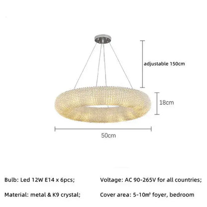 Modern luxury crystal circle chandelier pendant light with metallic finish and embedded k9 crystal beads for living room decorbites