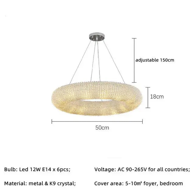 Modern luxury crystal circle chandelier pendant light with metallic finish and embedded k9 crystal beads for living room decorbites