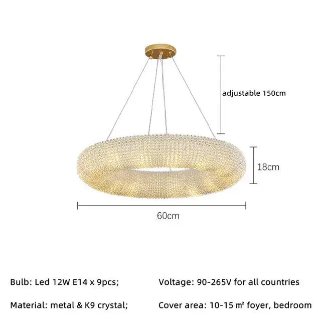 Gold-toned modern luxury crystal circle chandelier pendant light with intricate k9 crystal decorbites circle design