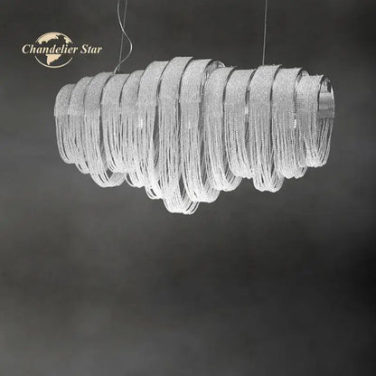 Silver metallic modern luxury crystal circle led tassel chandelier with cascading spiral mesh chains for living room decorbites crystal circle