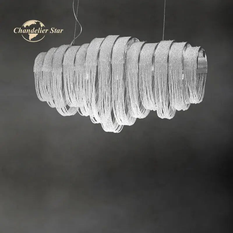 Silver metallic modern luxury crystal circle led tassel chandelier with cascading spiral mesh chains for living room decorbites crystal circle