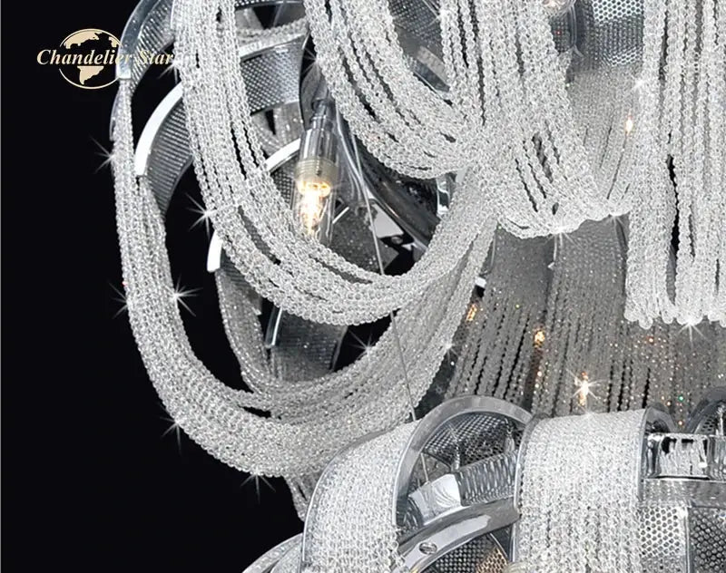 Modern luxury crystal circle led tassel chandelier with cascading silver crystal strands and metallic mesh frame for living room decorbites crystal circle