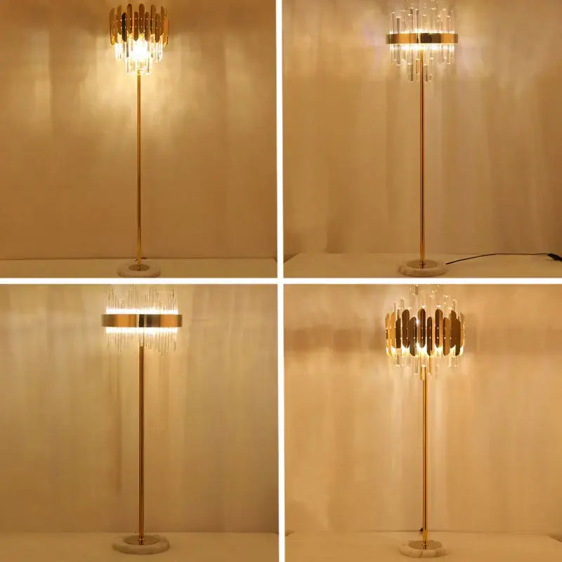Modern luxury crystal gold floor lamp with slender pole and circular chandelier head featuring clear glass prisms decorbites crystal gold