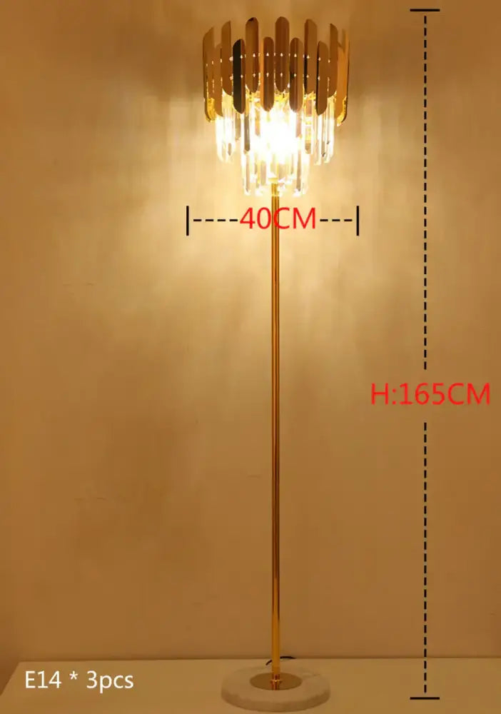 Modern luxury crystal gold floor lamp with slender pole, marble base, and cascading crystal prisms for living room decorbites crystal gold