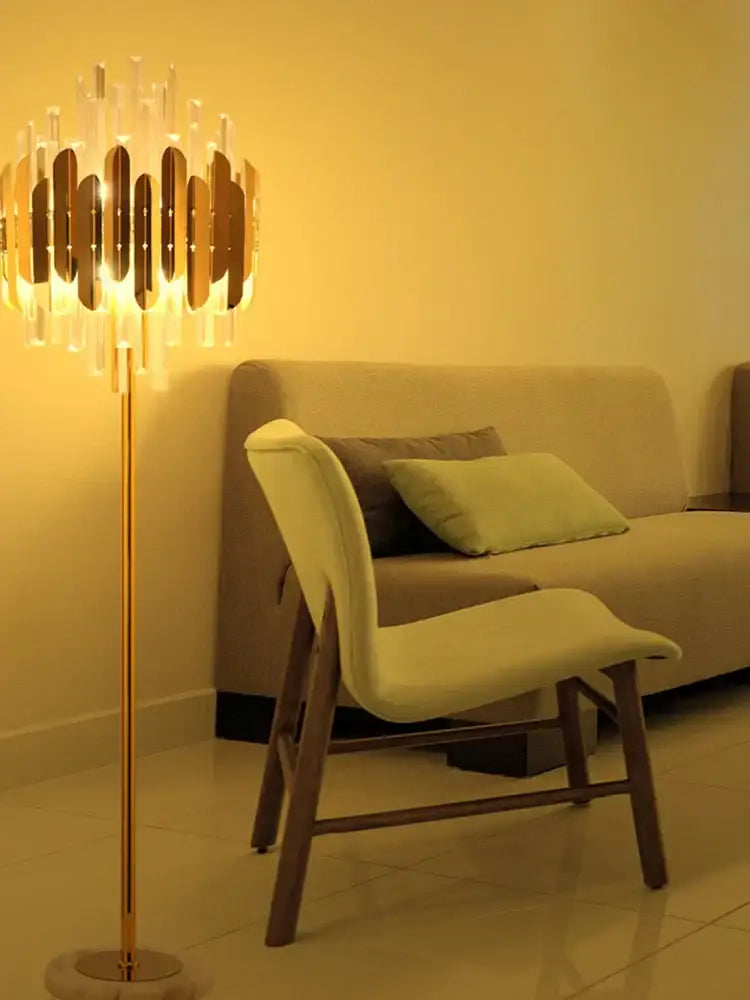 Modern luxury crystal gold floor lamp with golden metallic base and concentric glass panels for living room decorbites crystal gold