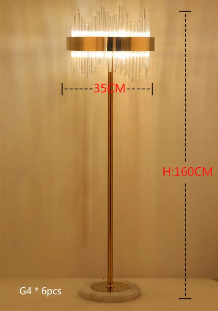 Modern luxury crystal gold floor lamp with cascading clear prisms and polished metal pole for living room decorbites crystal gold