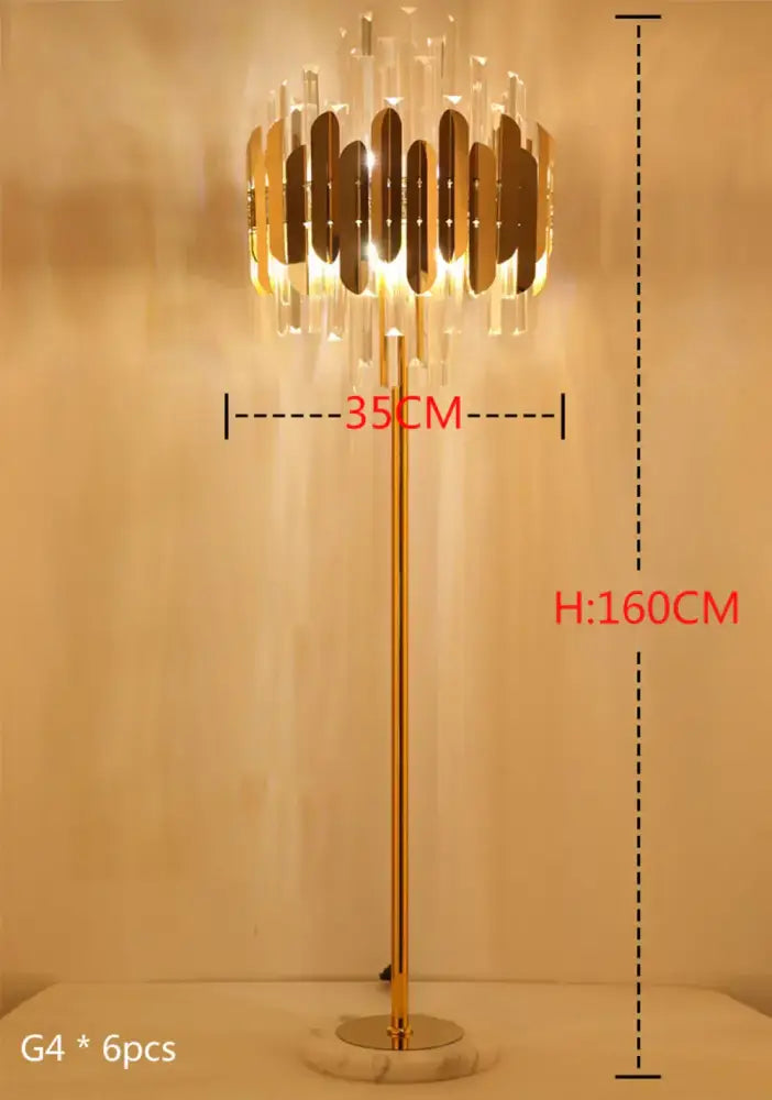 Modern luxury crystal gold floor lamp with slender polished metal pole and ornate circular shade for living room decorbites crystal gold