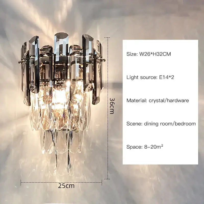 Modern luxury crystal gold led wall sconce with sleek chrome frame and cascading clear faceted crystals for bedroom decorbites crystal gold