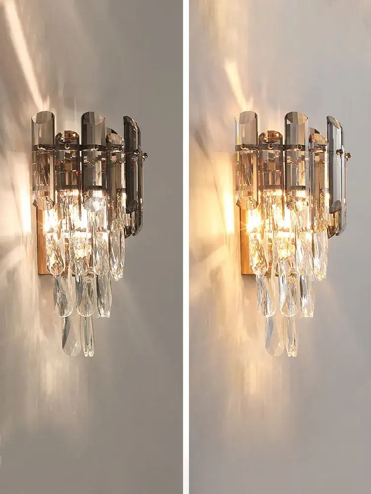 Modern luxury crystal gold led wall sconce with metallic frame and clear crystal droplets for bedroom decorbites crystal gold