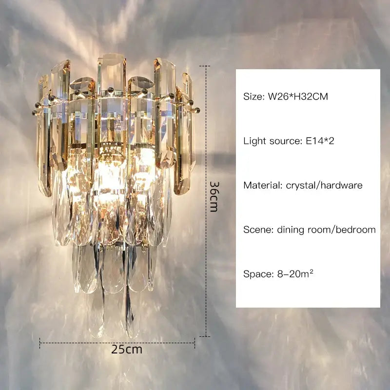 A modern luxury crystal gold led wall sconce featuring cascading clear glass prisms and gold-toned hardware for elegant decorbites decor