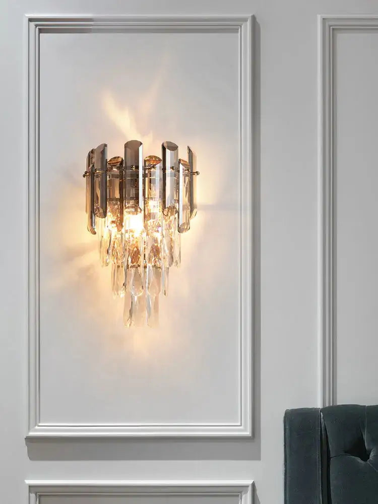 Modern luxury crystal gold led wall sconce with sleek metallic frame and cascading crystal droplets for bedroom decorbites decor