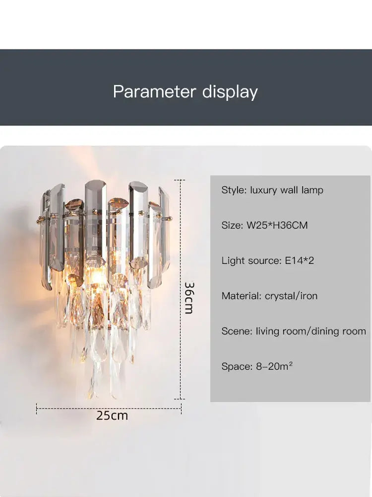 Modern luxury crystal gold led wall sconce with clear crystal droplets and polished silver iron arms for bedroom decorbites decor