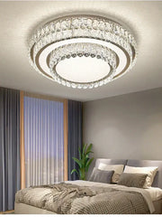 Modern luxury crystal led ceiling lamp with concentric clear faceted crystals and central illuminated panel decorbites crystal led