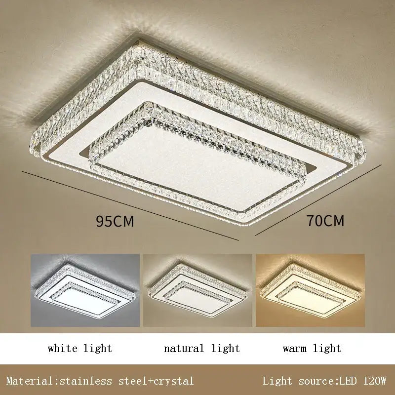 Modern luxury crystal led ceiling lamp with layered clear crystals in stainless steel frame and white natural warm led options