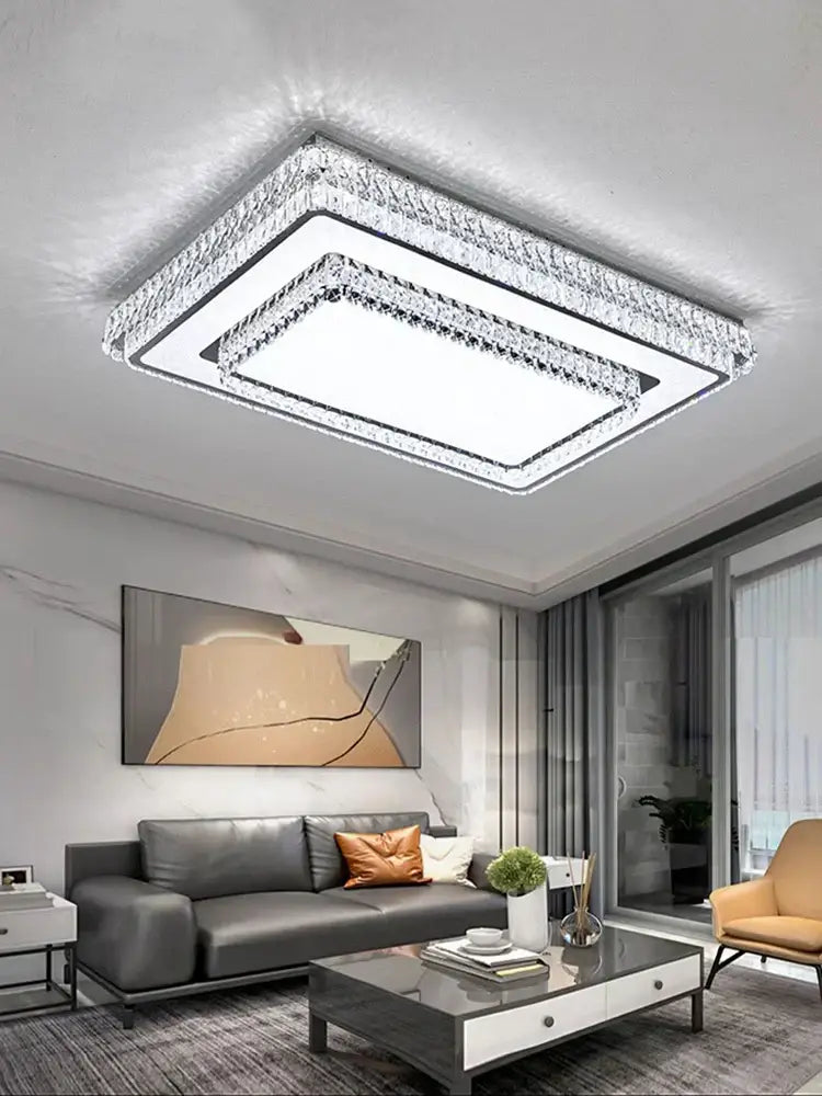 Modern luxury crystal led ceiling lamp with a sleek chrome frame and embedded crystal accents for bedroom decorbites crystal led