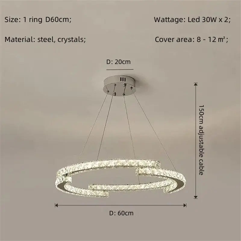 Modern luxury crystal led chandelier with chrome finish and interlocking rings for elegant foyer pendant lighting decorbites crystal led