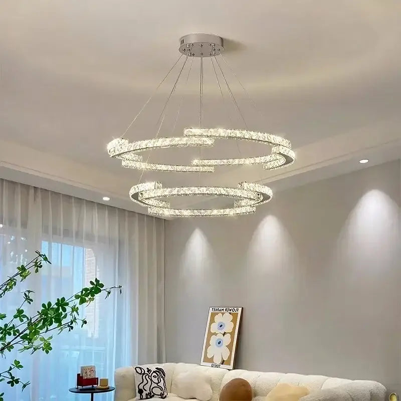Modern luxury chrome crystal led chandelier with concentric rings and sparkling accents for foyer pendant lighting decorbites crystal led