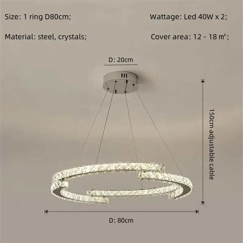 Modern luxury chrome-finished crystal led chandelier with two interlocking rings for elegant foyer pendant light decorbites crystal led