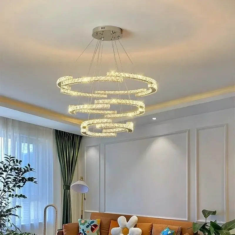 Modern luxury crystal led chandelier with cascading crystal rings and metallic base for foyer pendant lighting decorbites crystal led