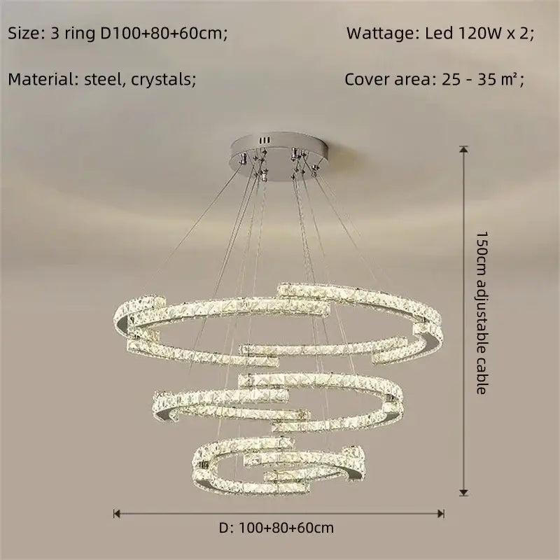 Modern luxury crystal led chandelier featuring three concentric rings of clear crystals in polished steel frame foyer pendant light decorbites crystal led