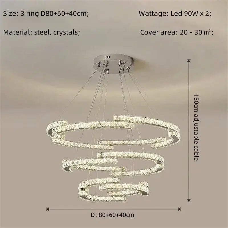 Modern luxury three-tiered crystal led chandelier with chrome steel frame and sparkling accents for foyer pendant light decorbites crystal led