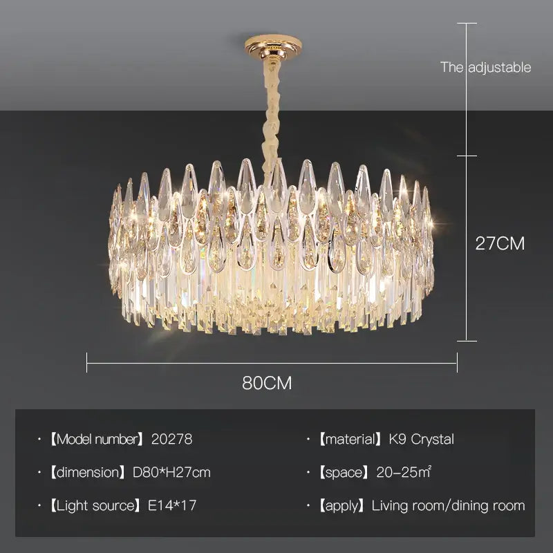 Elegant gold-toned decorbites crystal led chandelier with cascading k9 crystal teardrops, 80cm wide and 27cm tall