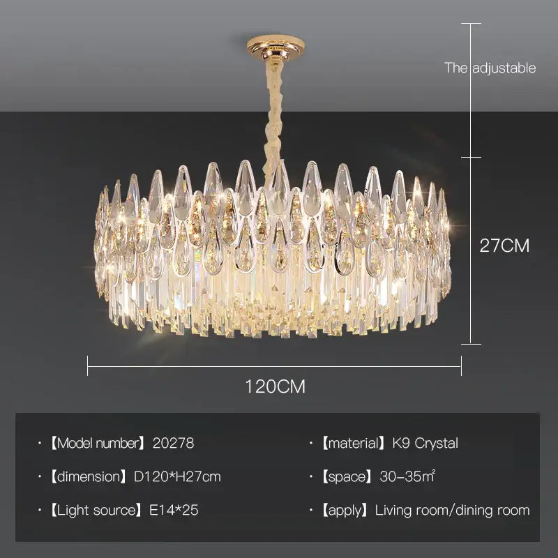 Modern luxury crystal led chandelier with 120cm diameter gold-toned fixture and cascading k9 crystal teardrops decorbites crystal led