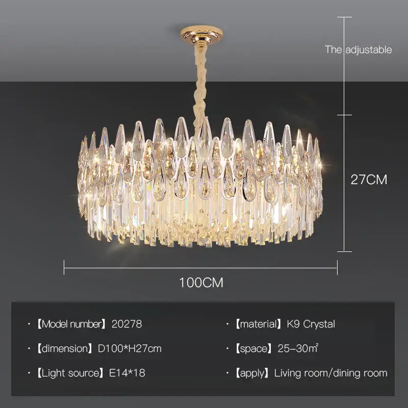 Modern luxury decorbites crystal led chandelier with 100cm gold-toned mount and cascading k9 crystal teardrops for stairway villa light