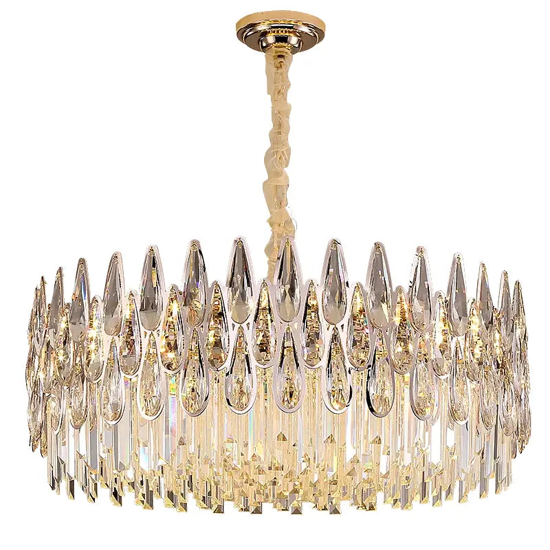 Modern luxury decorbites crystal led chandelier with gold-toned frame and cascading teardrop prisms for stairway villa light