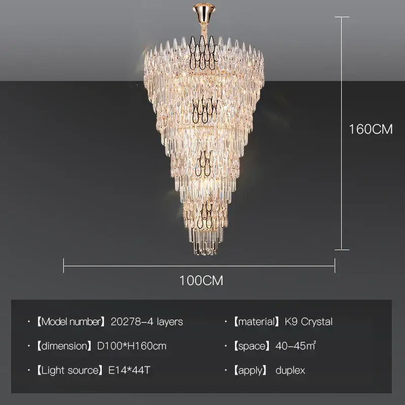 A modern luxury decorbites crystal led chandelier with gold frame and cascading k9 crystal prisms for stairway villa lighting